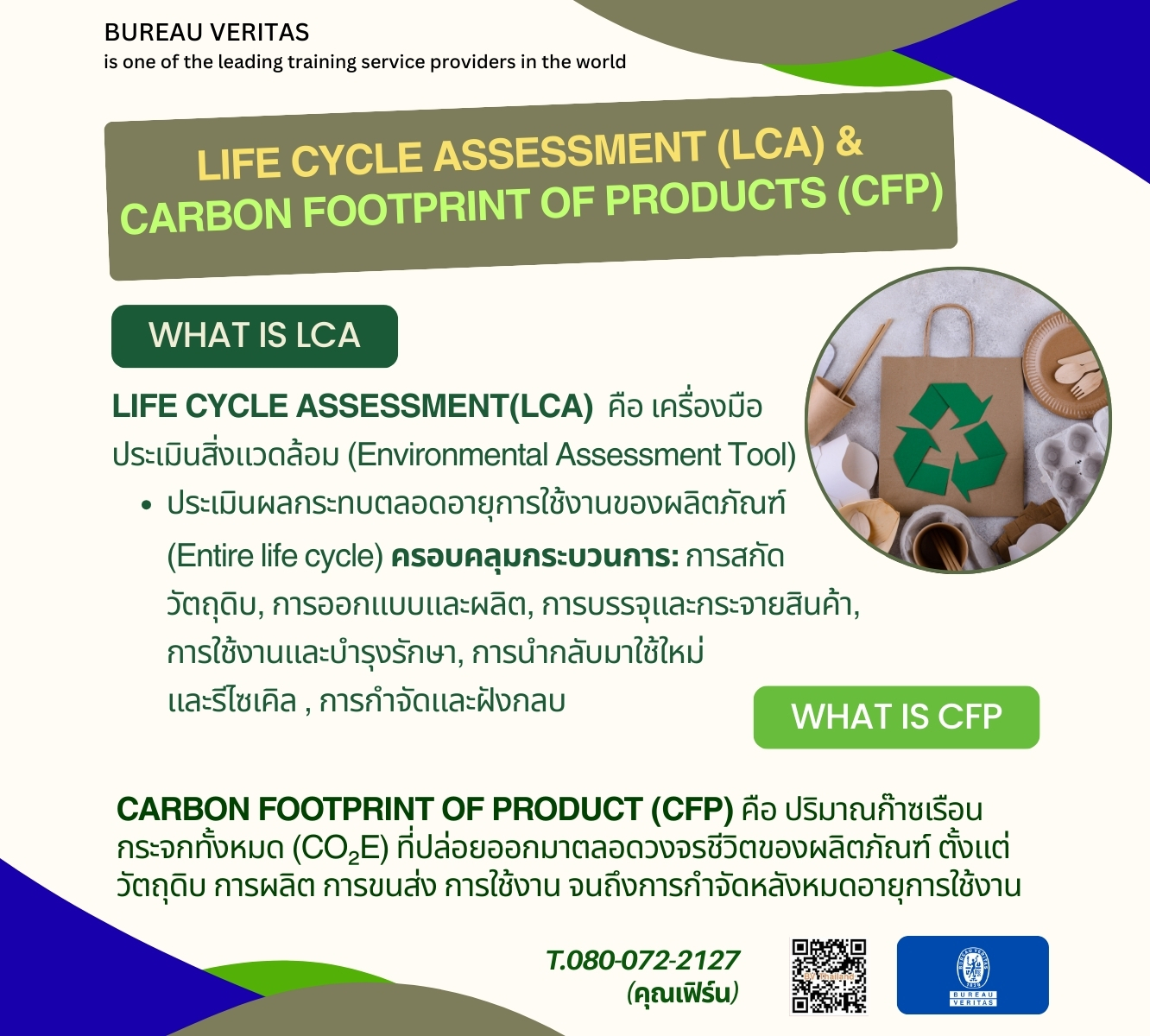 Life Cycle Assessment (LCA) & Carbon Footprint of Products (CFP)    วิธีการประเมินผลกระทบต่อสิ่งแวดล้อมของผลิตภัณฑ์   และการประเมินคาร์บอนฟุ๊ตฟริ๊นท์ของผลิตภัณฑ์ 